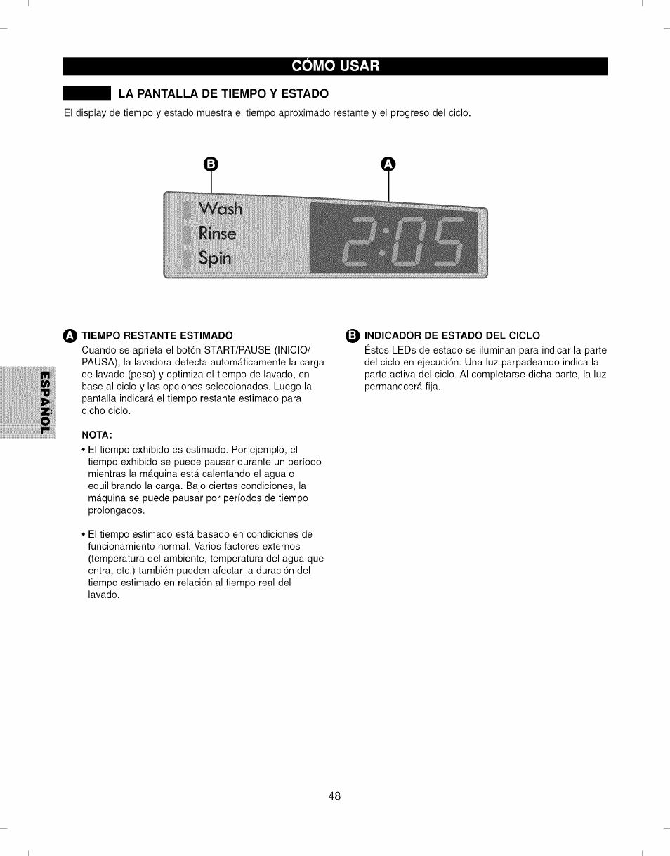 La pantalla de tiempo y estado, Q tiempo restante estimado, 0 indicador de estado del ciclo | Nota | Kenmore ELITE 796.292796 User Manual | Page 48 / 92