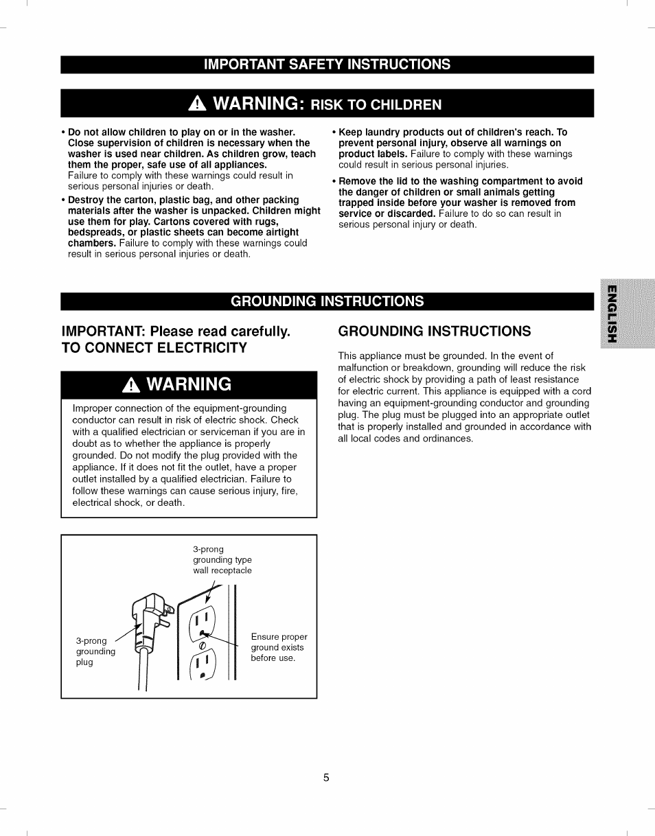 A warning: risk to children, Grounding instructions, Warning | Kenmore ELITE 796.292796 User Manual | Page 5 / 92