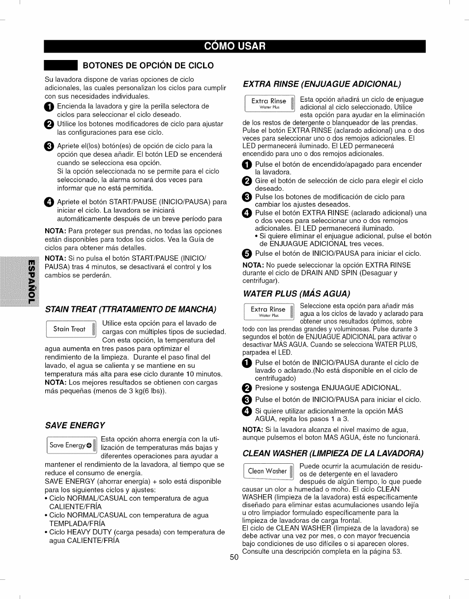 Botones de opcion de ciclo, Stain treat (ttratamiento de mancha), Save energy | Extra rinse (enjuague adicional), Water plus (más agua), Clean washer (limpieza de la lavadora), Botones de opción de ciclo -52, Como usar m | Kenmore ELITE 796.292796 User Manual | Page 50 / 92