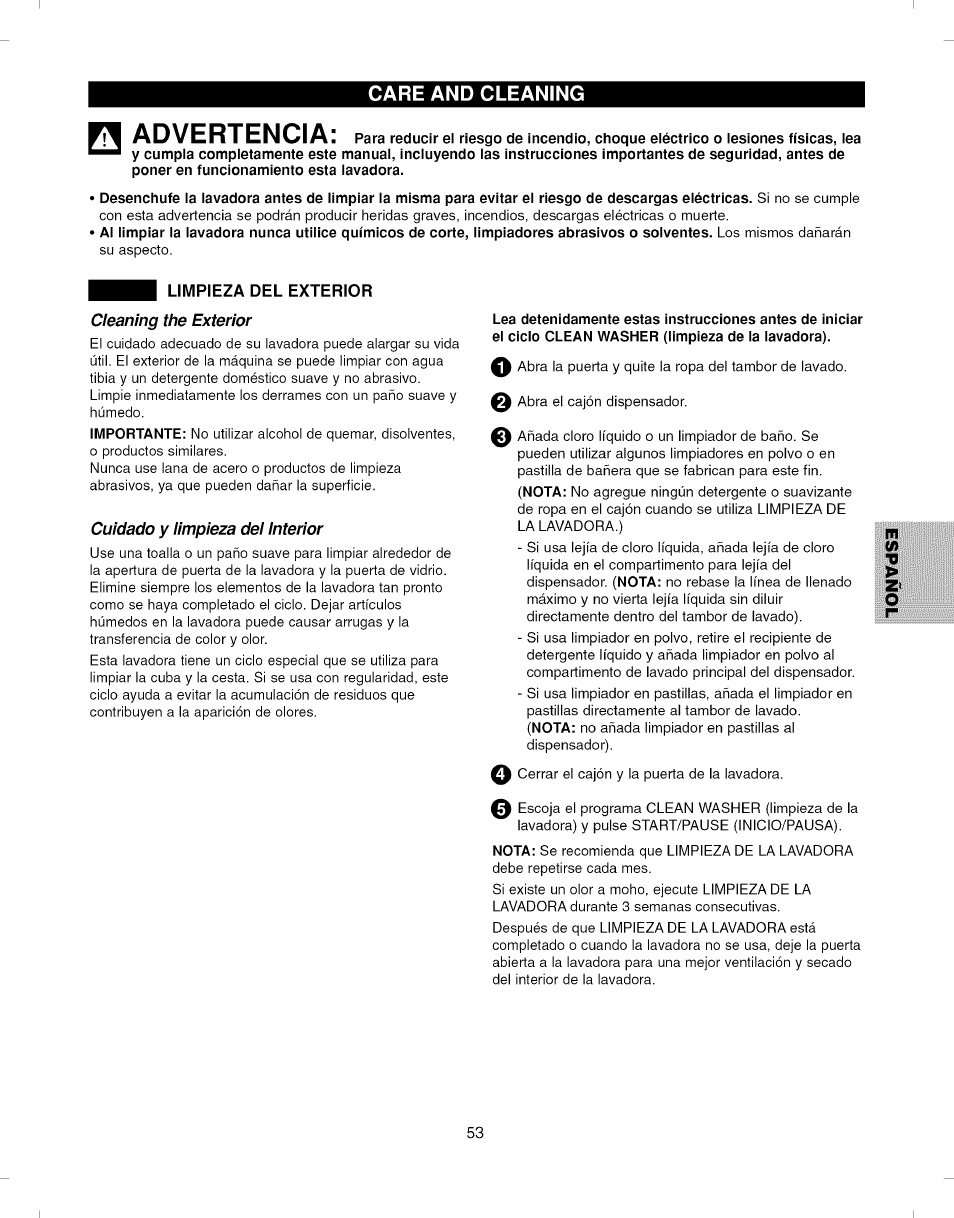 Care and cleaning, Limpieza del exterior, Cleaning the exterior | Cuidado y iimpieza dei interior, Advertencia | Kenmore ELITE 796.292796 User Manual | Page 53 / 92