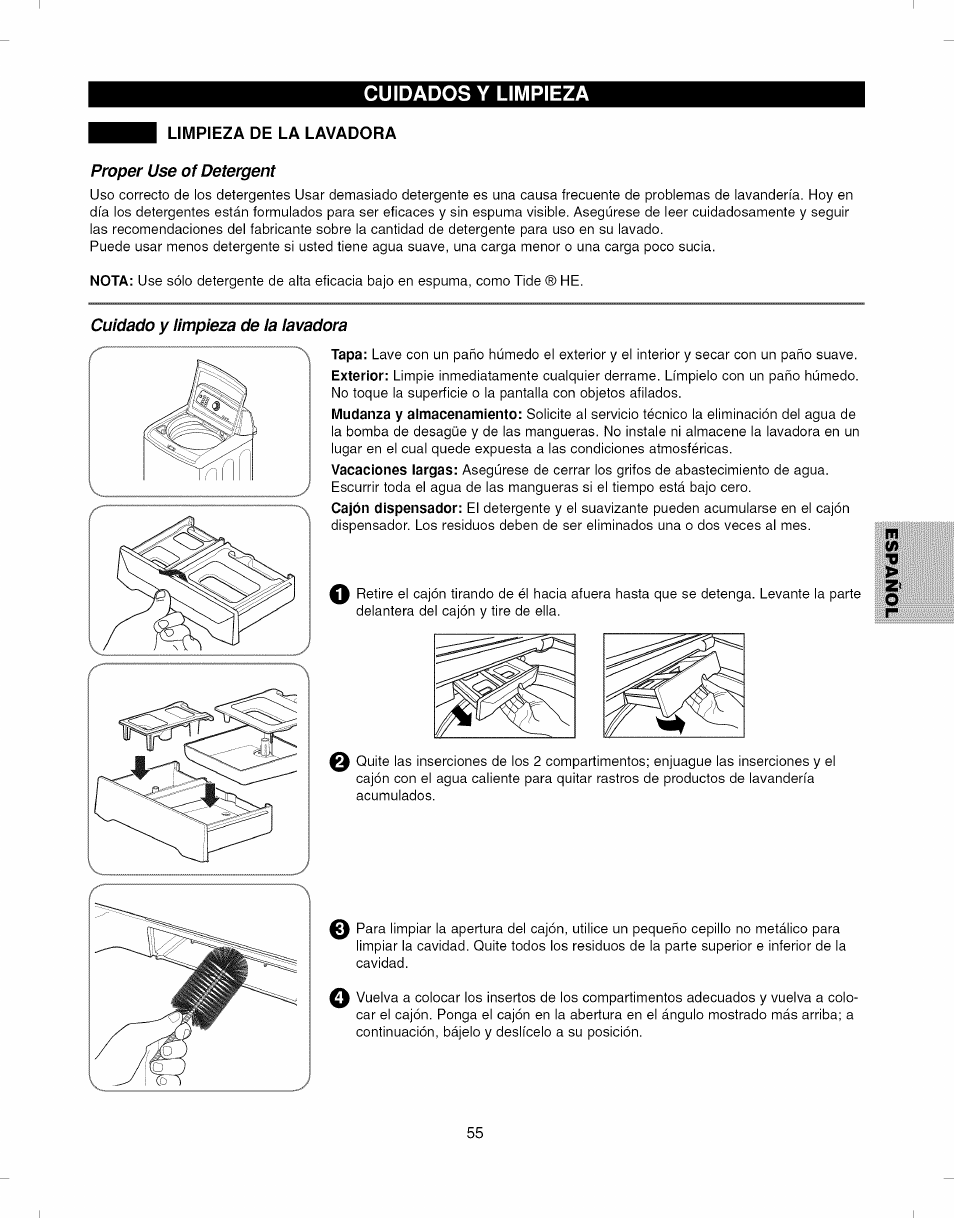 Limpieza de la lavadora, Proper use of detergent, Cuidado y limpieza de la lavadora | Cuidados y limpieza | Kenmore ELITE 796.292796 User Manual | Page 55 / 92