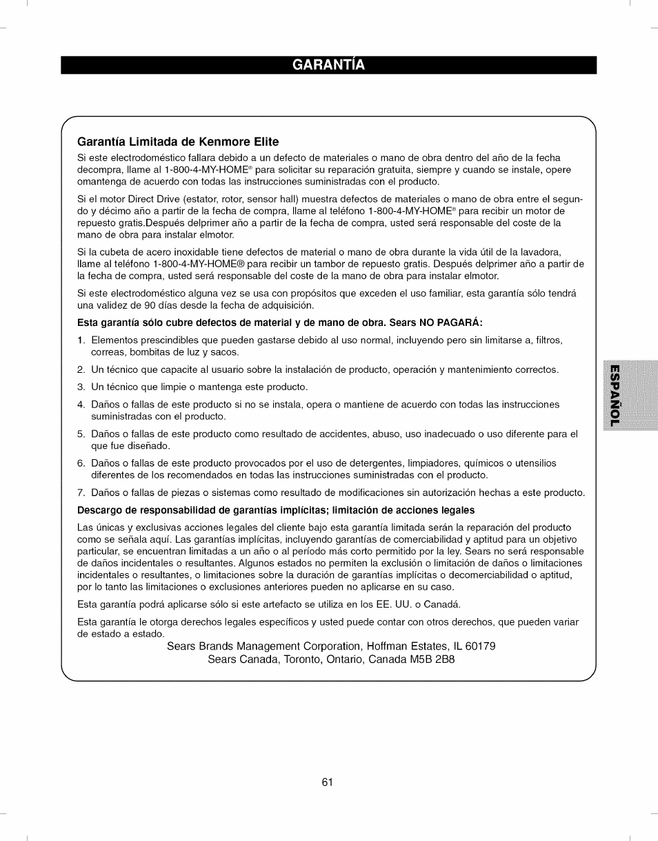 Garantia, Garantía limitada de kenmore eiite, Garantía | Kenmore ELITE 796.292796 User Manual | Page 61 / 92