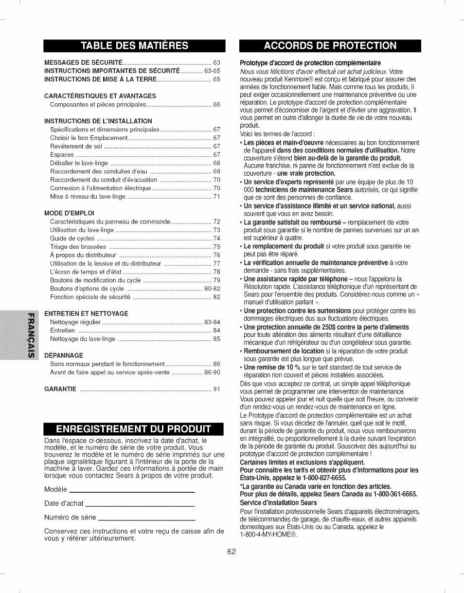 Accords de protection, Enregistrement du produit, Prototype d'accord de protection complémentaire | Table des matieres accords de protection | Kenmore ELITE 796.292796 User Manual | Page 62 / 92