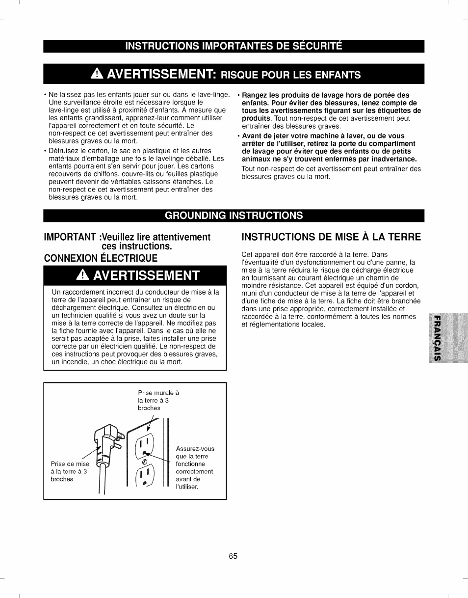 A avertissement: risque pour les enfants, Grounding instructions, Connexion électrique | Instructions de mise a la terre, Instructions de mise à la terre, Avertissement | Kenmore ELITE 796.292796 User Manual | Page 65 / 92