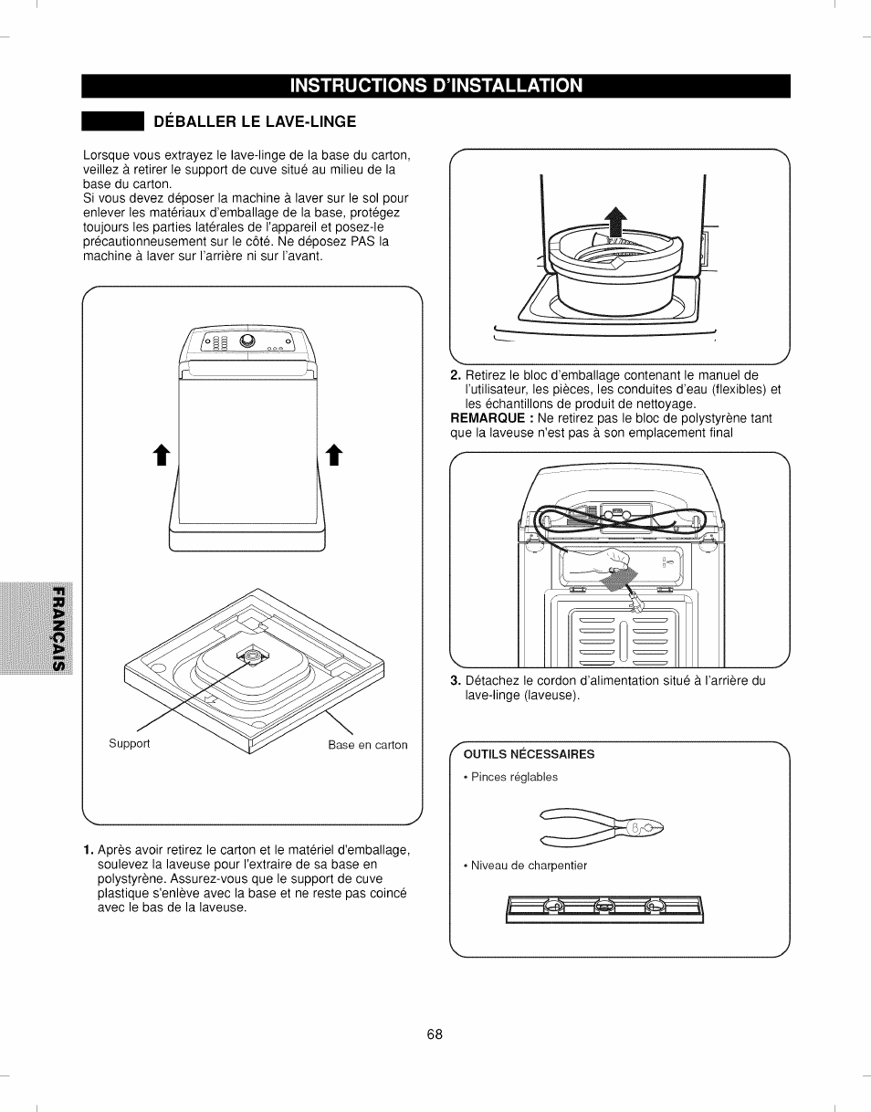 Deballer le lave-linge, Déballer le lave-linge, Instructions d’installation | Kenmore ELITE 796.292796 User Manual | Page 68 / 92