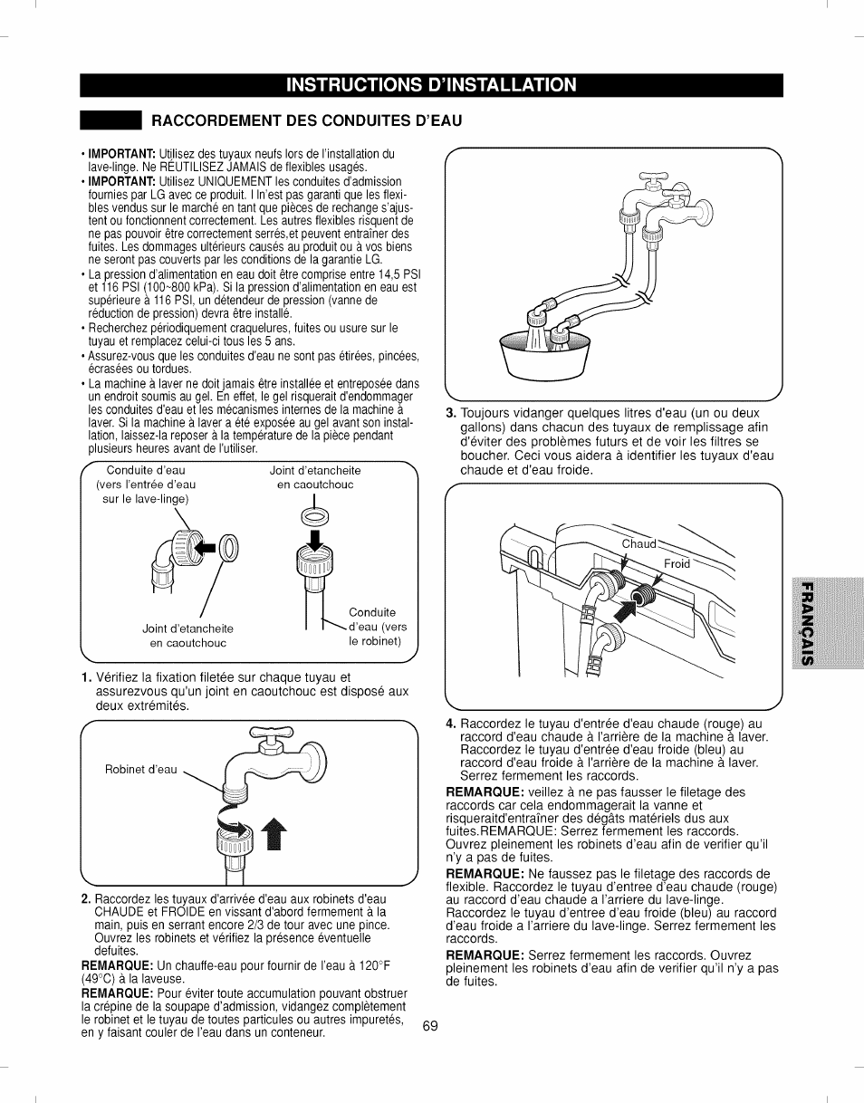 Raccordement des conduites d’eau, Raccordement des conduites d'eau, Instructions d’installation | Kenmore ELITE 796.292796 User Manual | Page 69 / 92