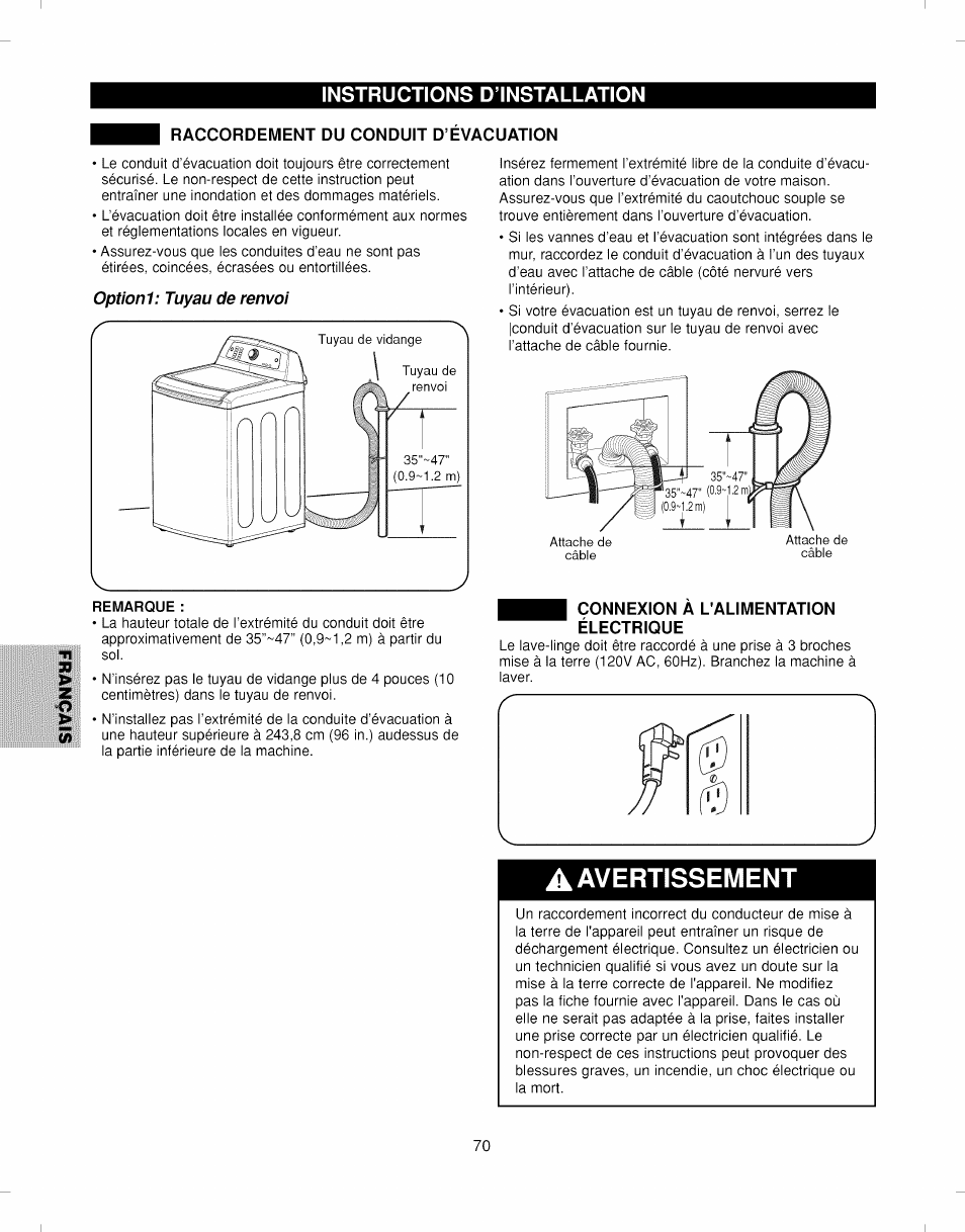 Raccordement du conduit d’evacuation, Optioni: tuyau de renvoi, Connexion a l'alimentation électrique | Raccordement du conduit d'évacuation, Connexion à l'alimentation électrique, A avertissement, Instructions d’installation | Kenmore ELITE 796.292796 User Manual | Page 70 / 92