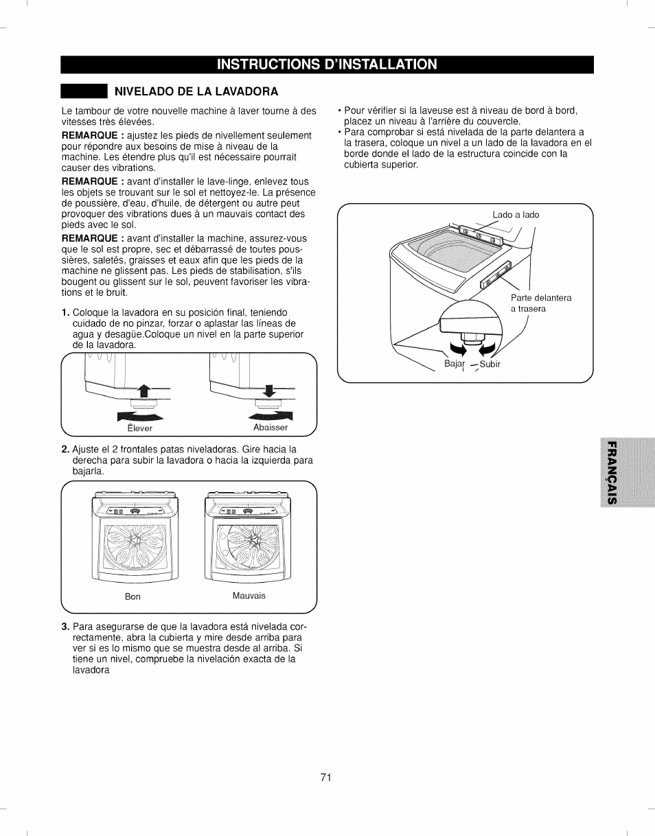 Nivelado de la lavadora, Instructions d’installation | Kenmore ELITE 796.292796 User Manual | Page 71 / 92