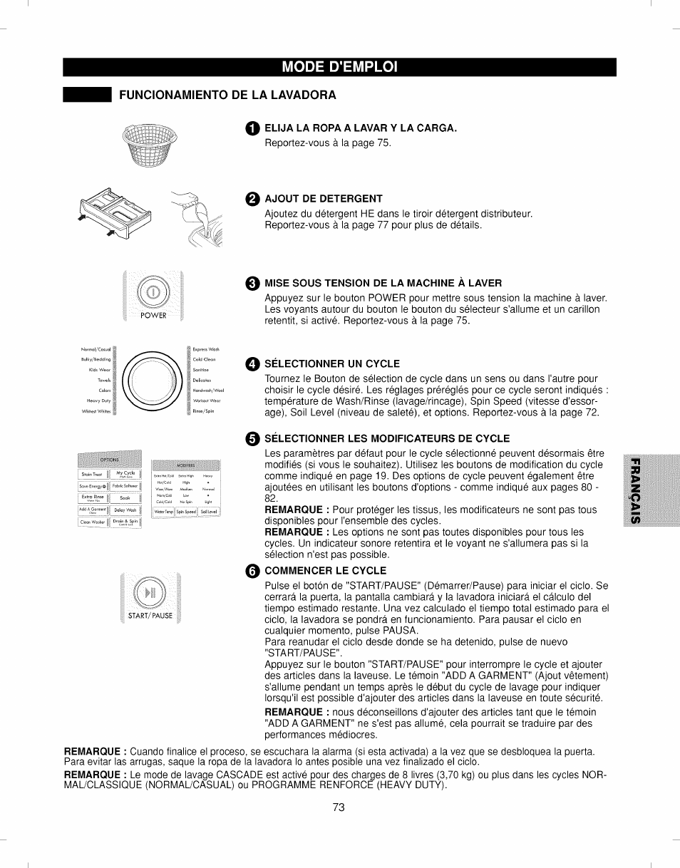 Funcionamiento de la lavadora, Mode d'emploi | Kenmore ELITE 796.292796 User Manual | Page 73 / 92