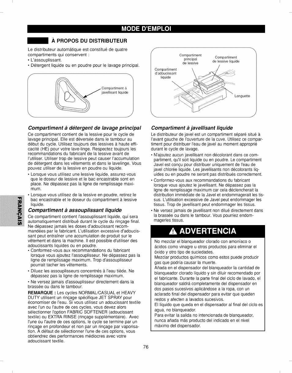 A propos du distributeur, Â propos du distributeur, Advertencia | Mode d'emploi | Kenmore ELITE 796.292796 User Manual | Page 76 / 92