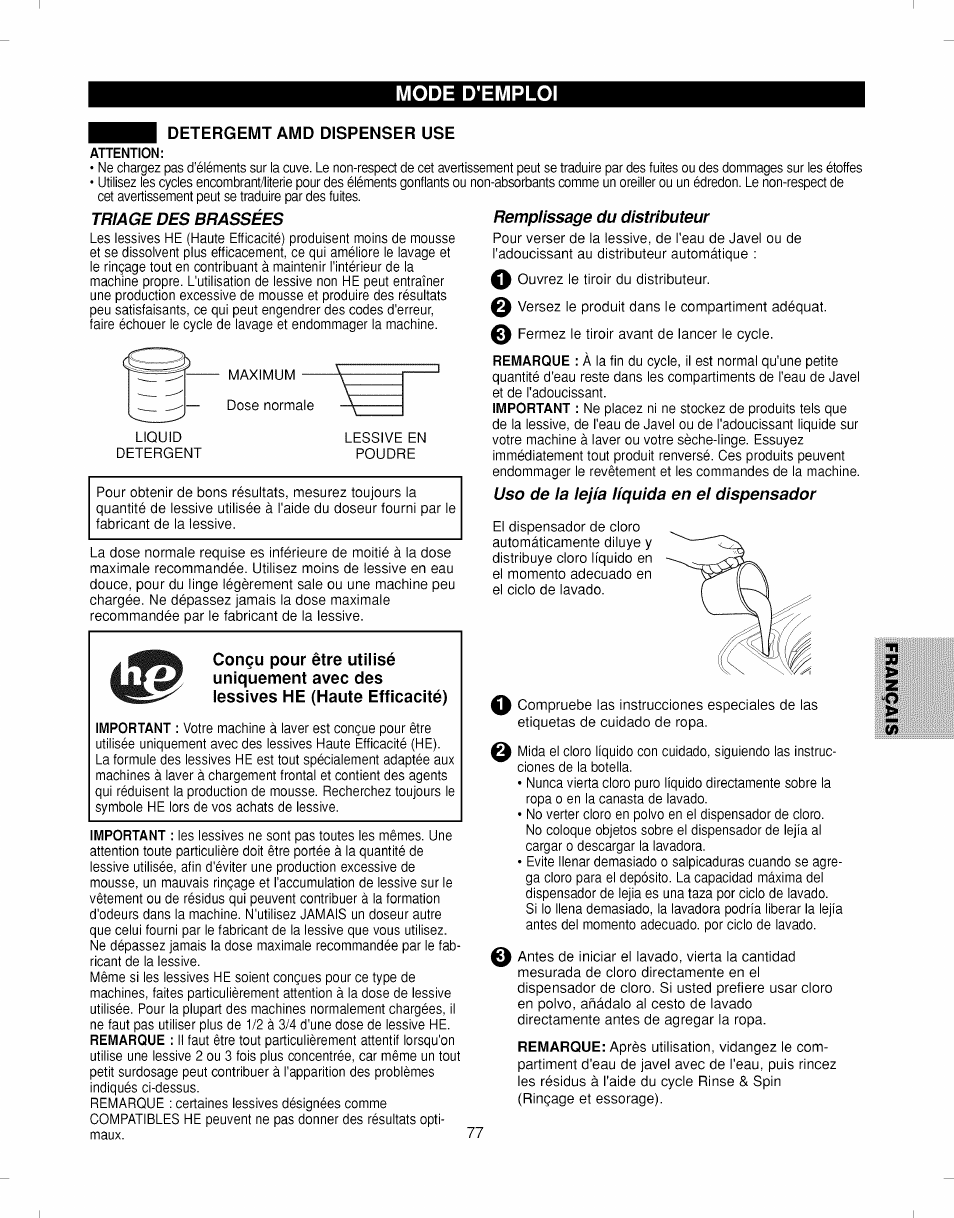 Detergemt amd dispenser use, Triage des brassees, Remplissage du distributeur | Uso de la lejía liquida en el dispensador, Mode d'emploi | Kenmore ELITE 796.292796 User Manual | Page 77 / 92