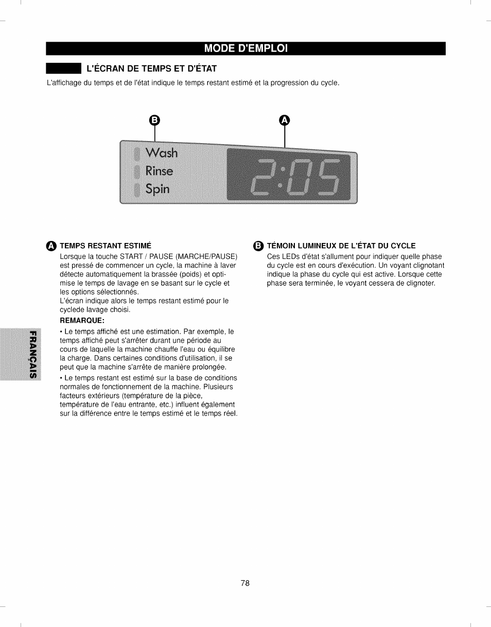 L'ecran de temps et d'etat, L'écran de temps et d'état | Kenmore ELITE 796.292796 User Manual | Page 78 / 92