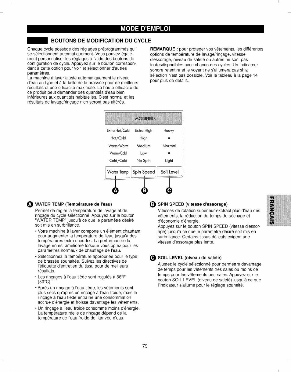 Boutons de modification du cycle, Mode d'emploi | Kenmore ELITE 796.292796 User Manual | Page 79 / 92