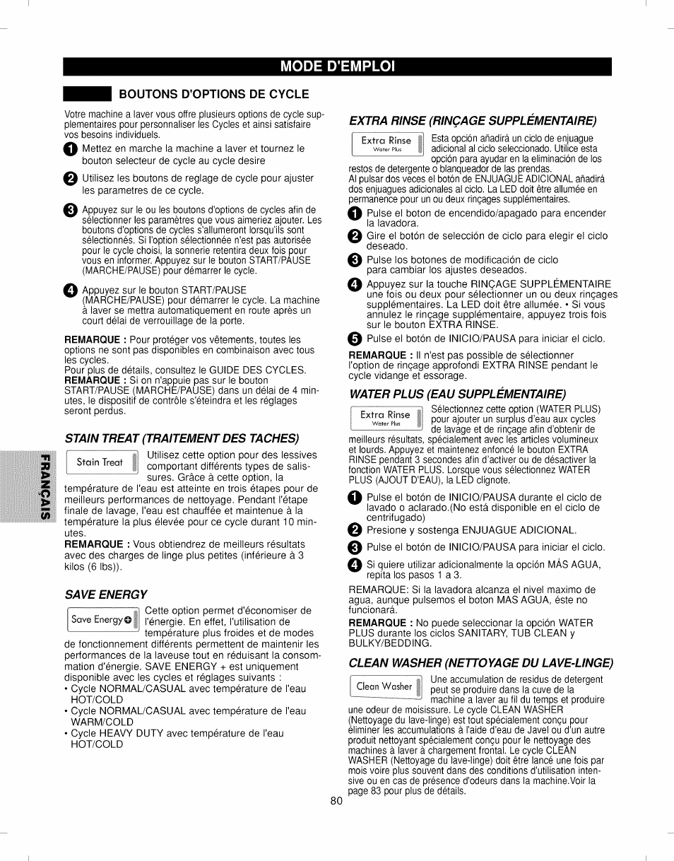 Boutons d'options de cycle, Stain treat (traitement des taches), Save energy | Extra rinse (rinçage supplémentaire), Clean washer (nettoyage du lave-linge), Boutons d'options de cycle -82, Mode d'emploi, Water plus (eau supplémentaire) | Kenmore ELITE 796.292796 User Manual | Page 80 / 92