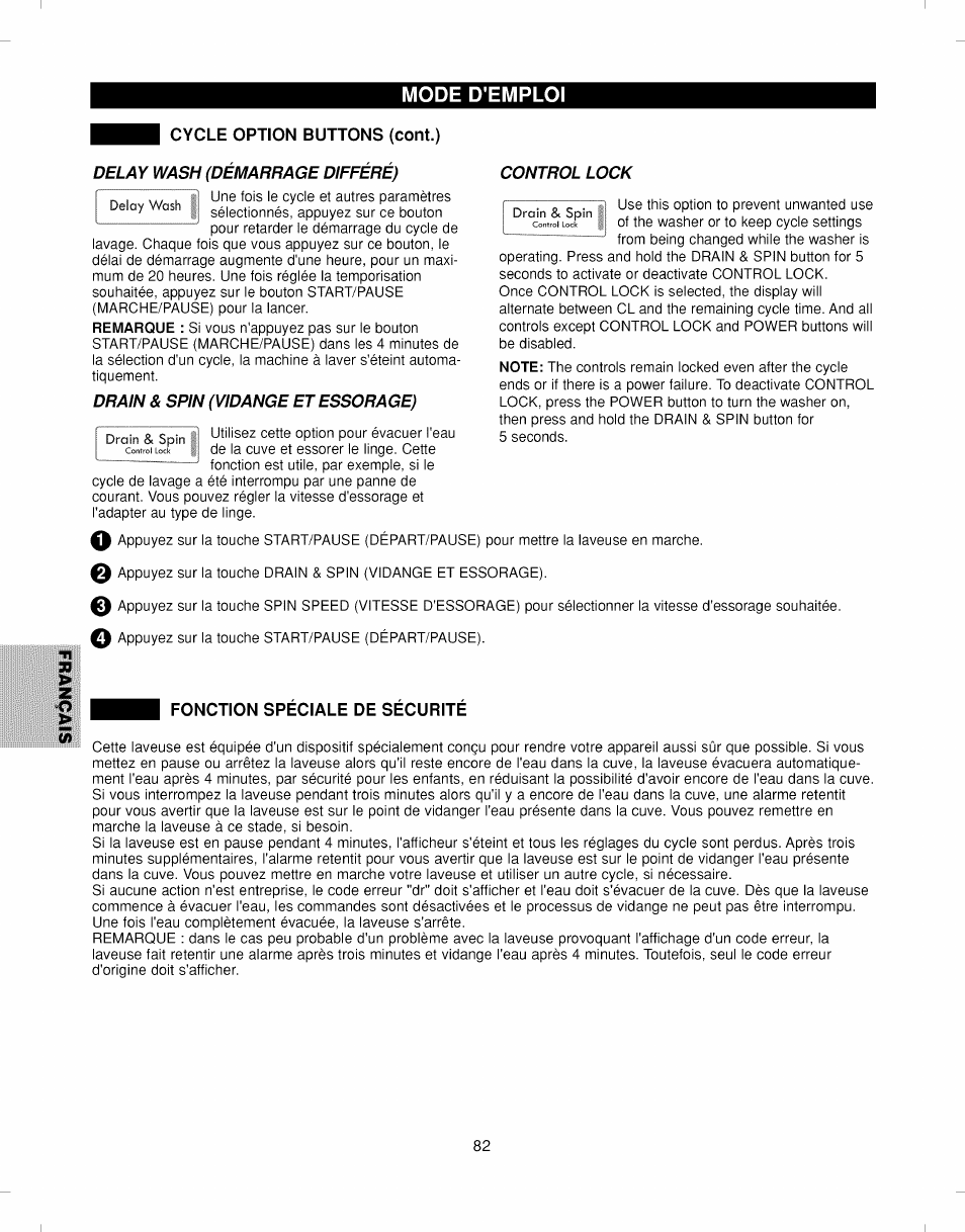 Drain & spin (vidange et essorage), Fonction speciale de securite, Fonction spéciale de sécurité | Mode d'emploi, Delay wash (démarrage différé) control lock | Kenmore ELITE 796.292796 User Manual | Page 82 / 92