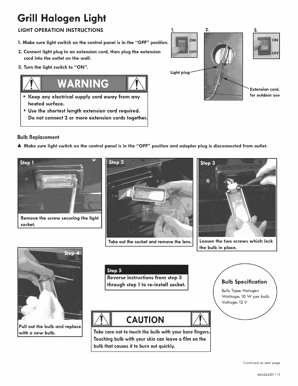 Grill halogen light, Caution | Kenmore 415.1613911 User Manual | Page 11 / 24