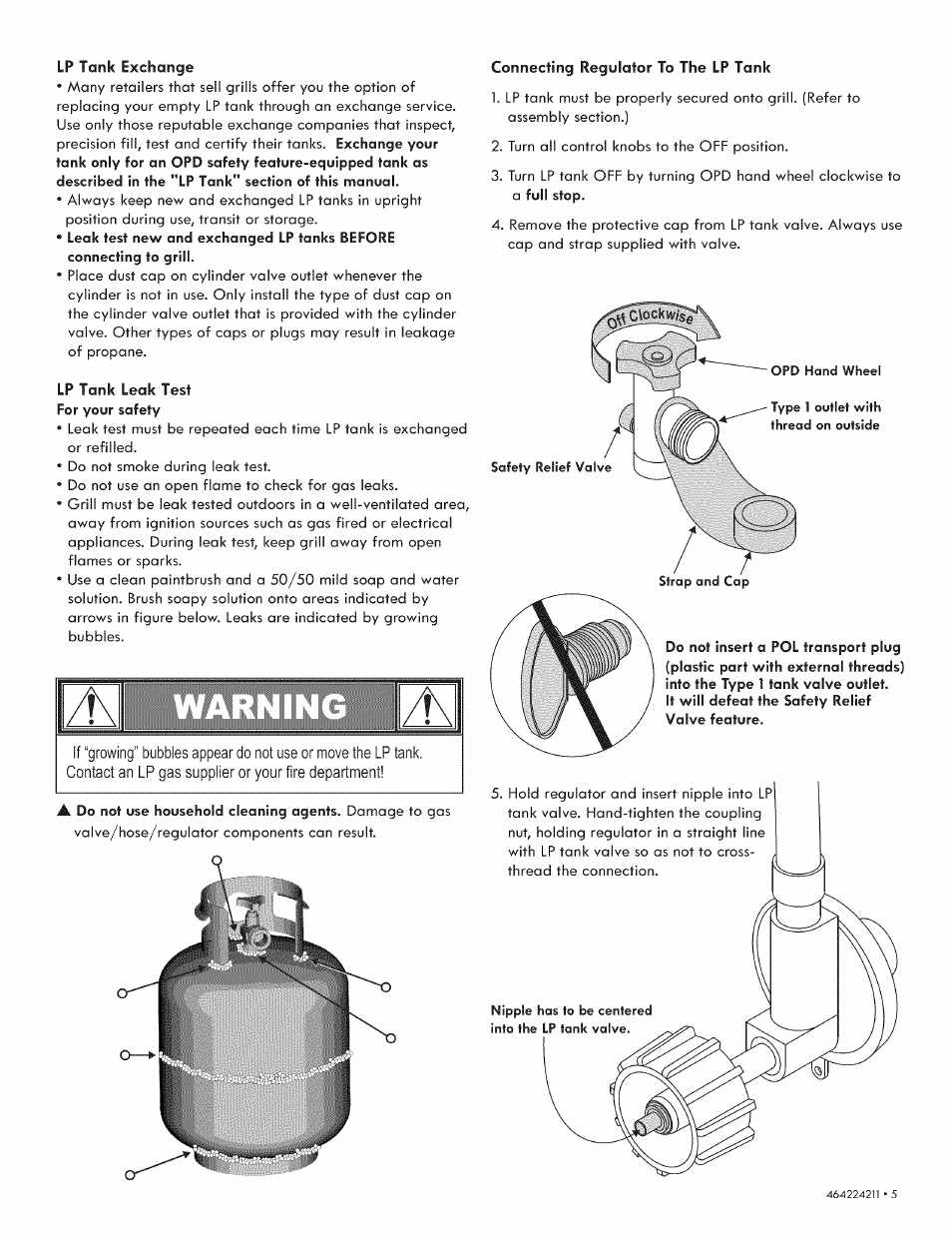 Lp tank exchange, Lp tank leak test, Connecting regulator to the lp tank | Kenmore 415.1613911 User Manual | Page 5 / 24