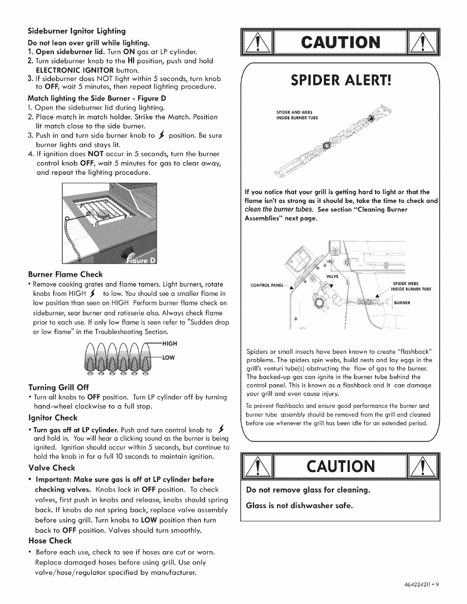 Sideburner ignitor lighting, Burner flame check, Turning grill off | Caution, Spider alert | Kenmore 415.1613911 User Manual | Page 9 / 24