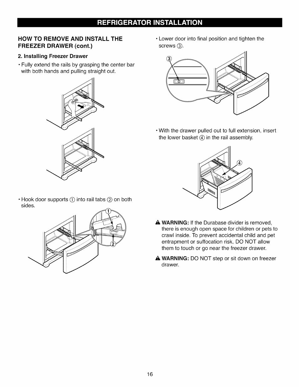 Installing freezer drawer | Kenmore ELITE 795.7104 User Manual | Page 16 / 36