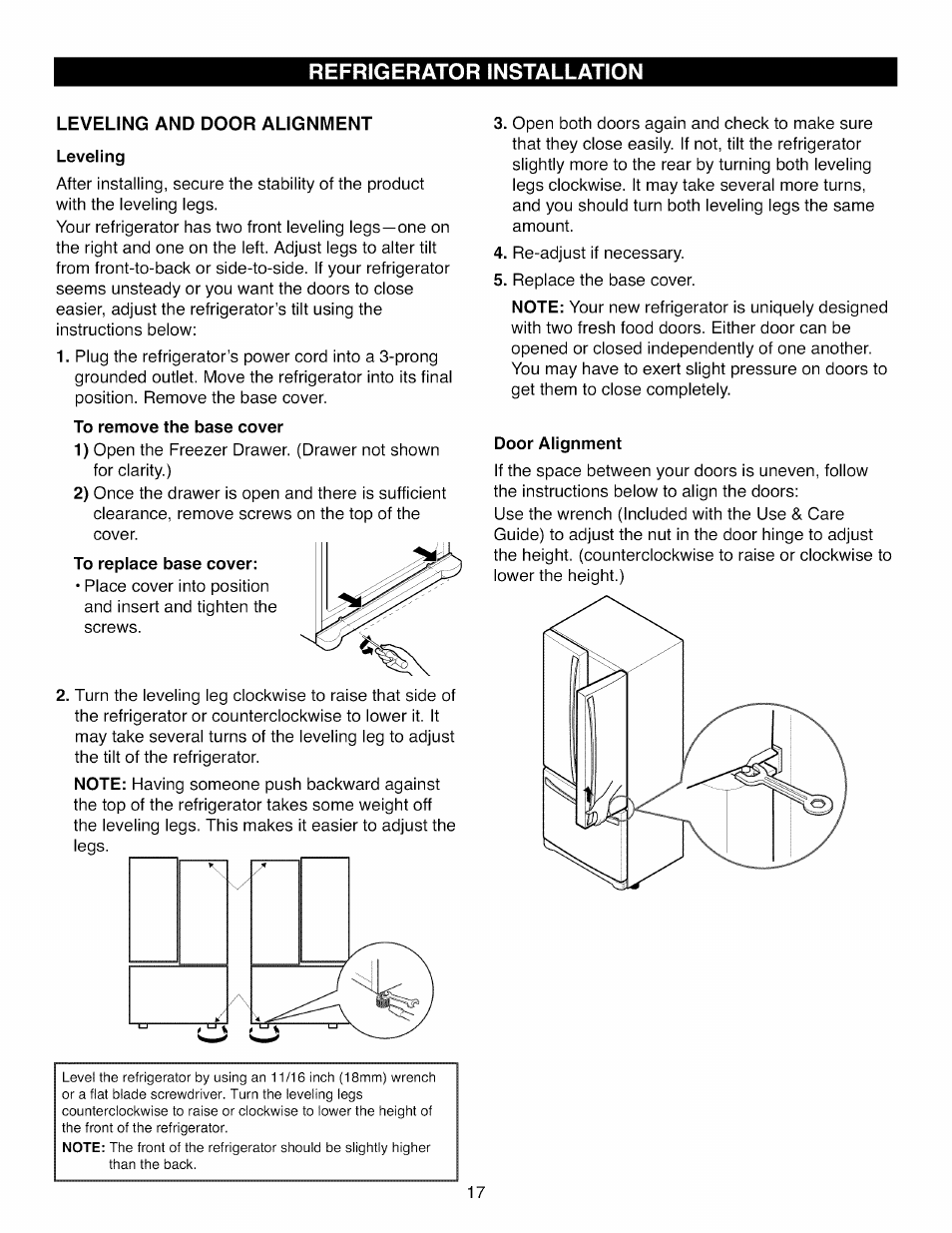 Leveling and door alignment leveling, To remove the base cover, Door alignment | Refrigerator installation | Kenmore ELITE 795.7104 User Manual | Page 17 / 36