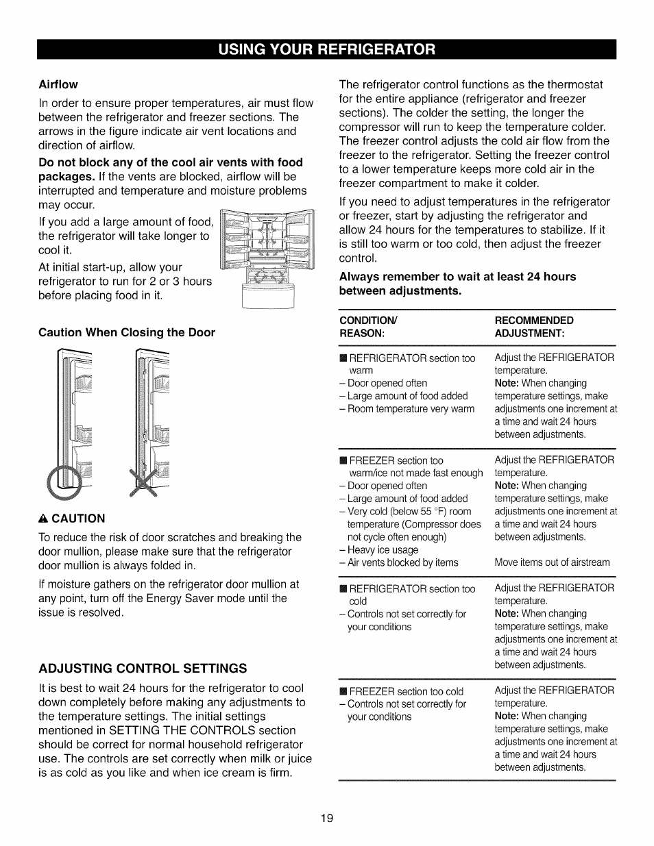 Airflow, Caution when closing the door, A caution | Adjusting control settings, Using your refrigerator | Kenmore ELITE 795.7104 User Manual | Page 19 / 36