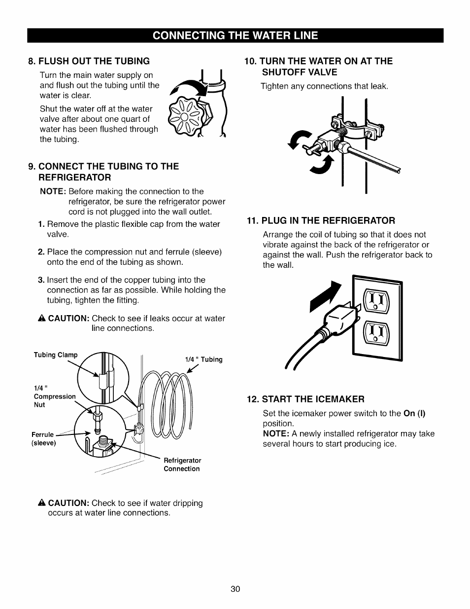 Flush out the tubing, Connect the tubing to the refrigerator, Turn the water on at the shutoff valve | Plug in the refrigerator, Start the icemaker | Kenmore ELITE 795.7104 User Manual | Page 30 / 36