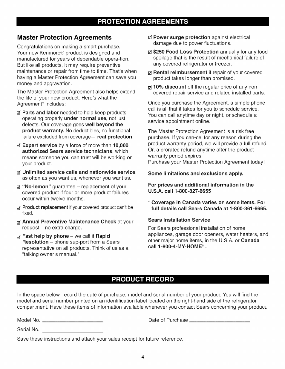 Protection agreements, Master protection agreements, Some limitations and exclusions apply | Sears installation service, Product record, Protection agreements master protection agreements | Kenmore ELITE 795.7104 User Manual | Page 4 / 36