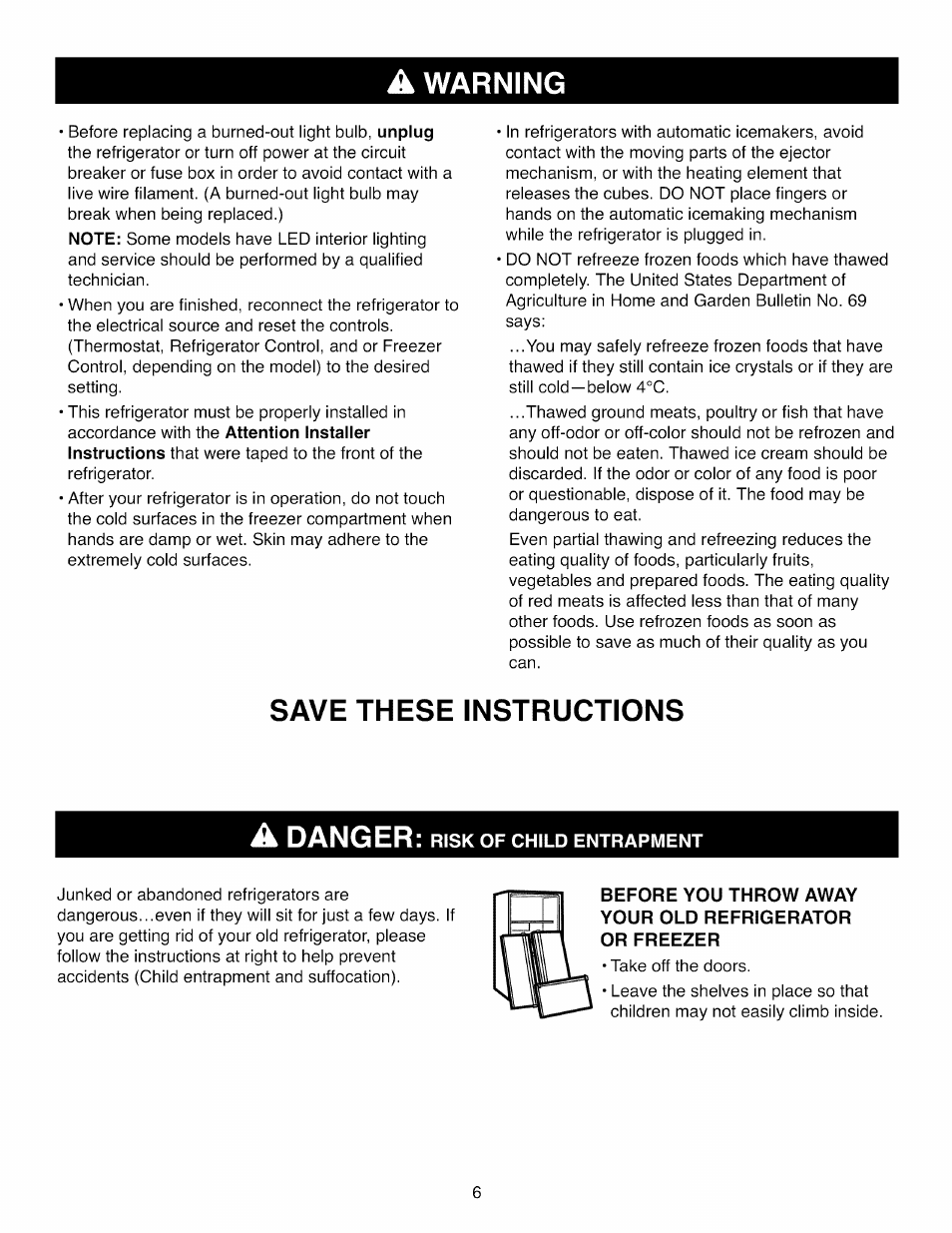 Warning, Save these instructions a danger | Kenmore ELITE 795.7104 User Manual | Page 6 / 36