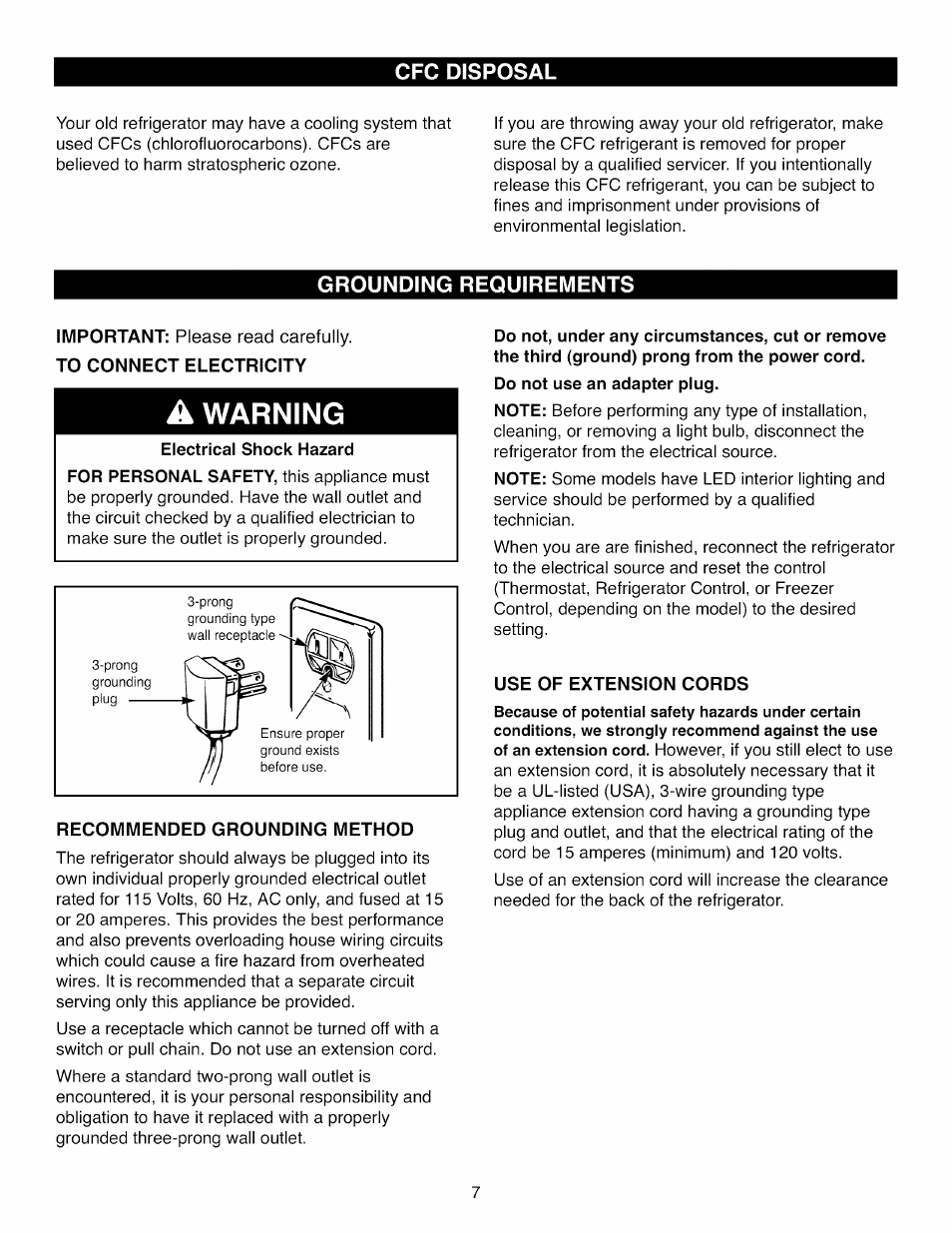 Electrical shock hazard, Recommended grounding method, Use of extension cords | A warning, Cfc disposal, Grounding requirements | Kenmore ELITE 795.7104 User Manual | Page 7 / 36