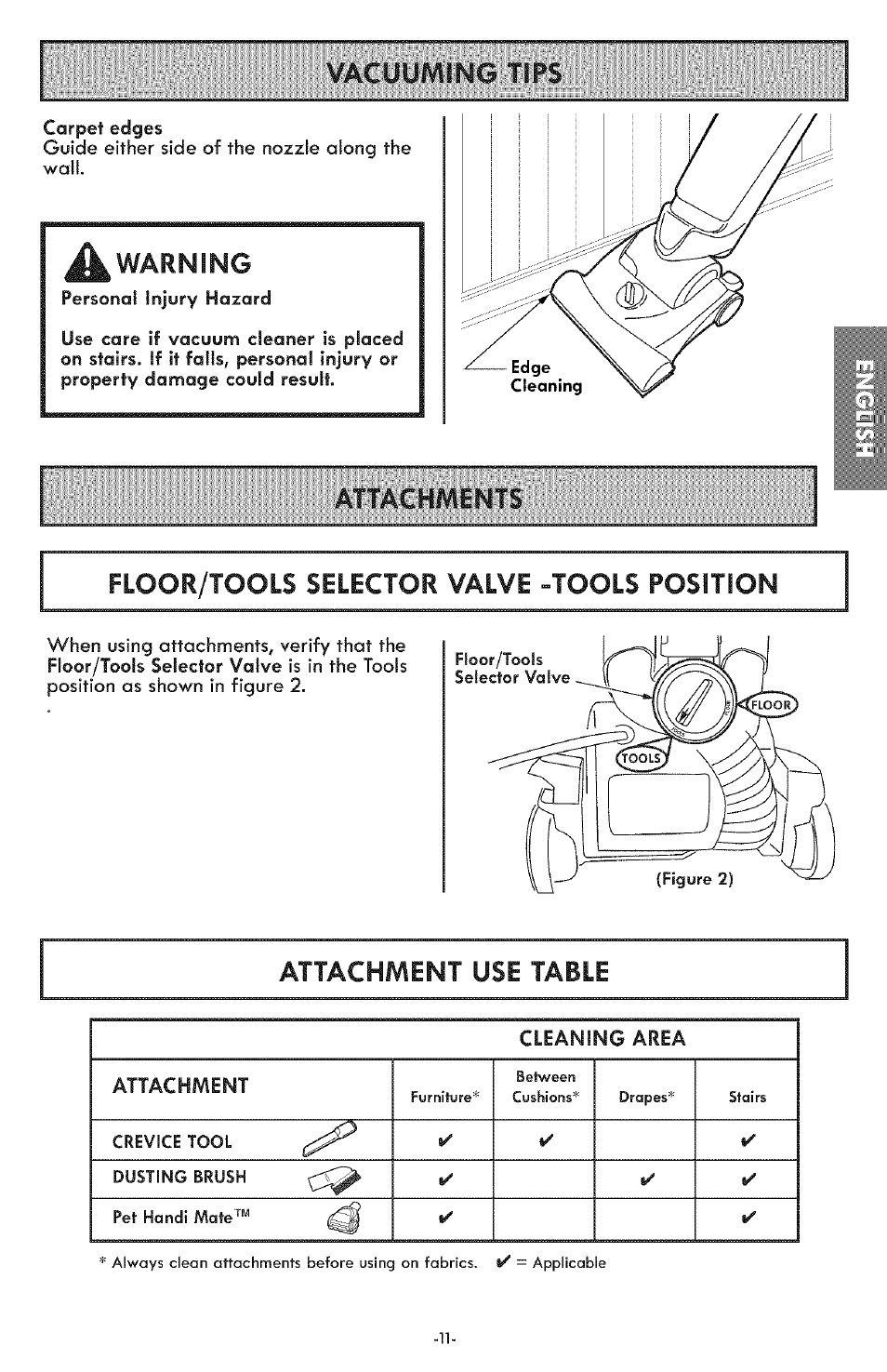 Vacuuming tips, Ik warning, Attachment use table | Kenmore ASPIRADORA 116.31591 User Manual | Page 11 / 51