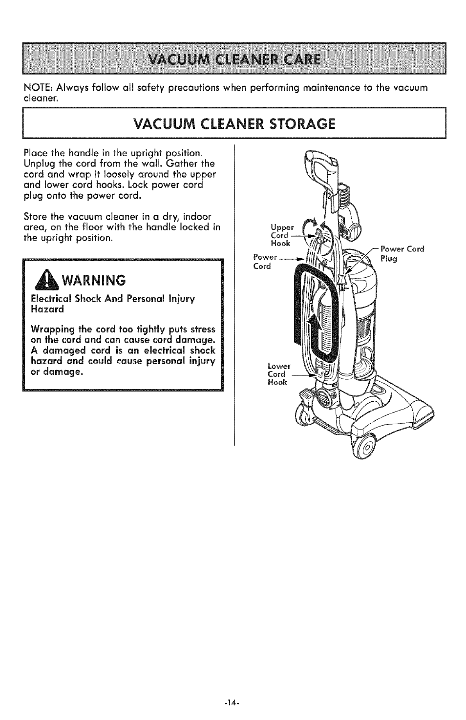 Vacuum cleaner care, Vacuum cleaner storage, A warning | Kenmore ASPIRADORA 116.31591 User Manual | Page 14 / 51