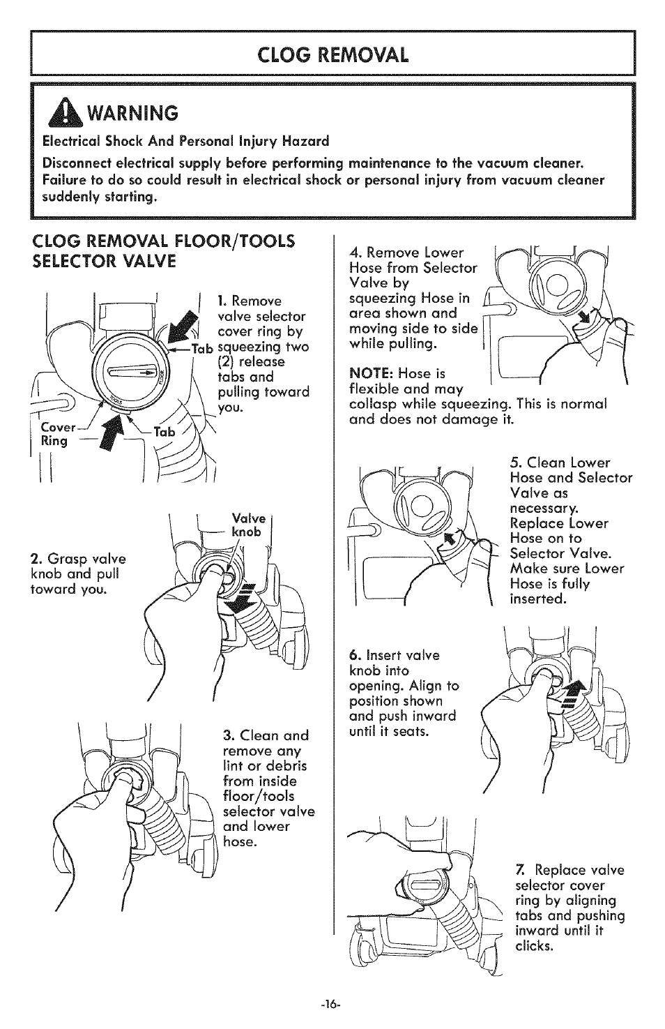 Clog removal, Ik warning | Kenmore ASPIRADORA 116.31591 User Manual | Page 16 / 51