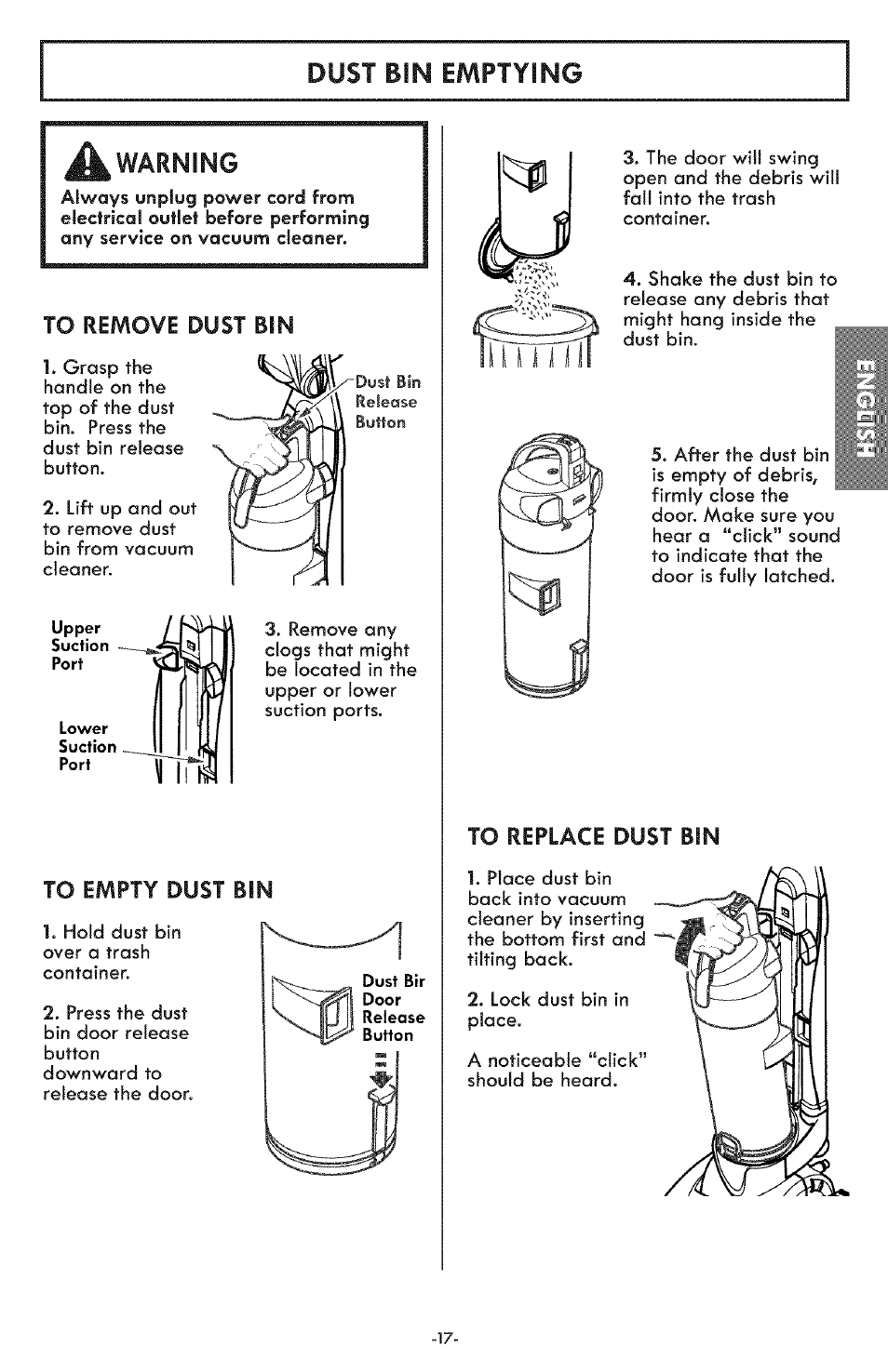 Dust bin emptying, A warning, Dust bin emptying a warning | Kenmore ASPIRADORA 116.31591 User Manual | Page 17 / 51