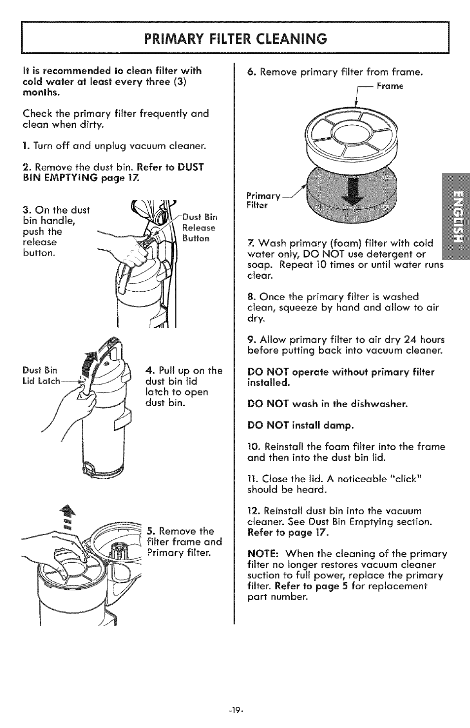 Primary filter cleaning | Kenmore ASPIRADORA 116.31591 User Manual | Page 19 / 51