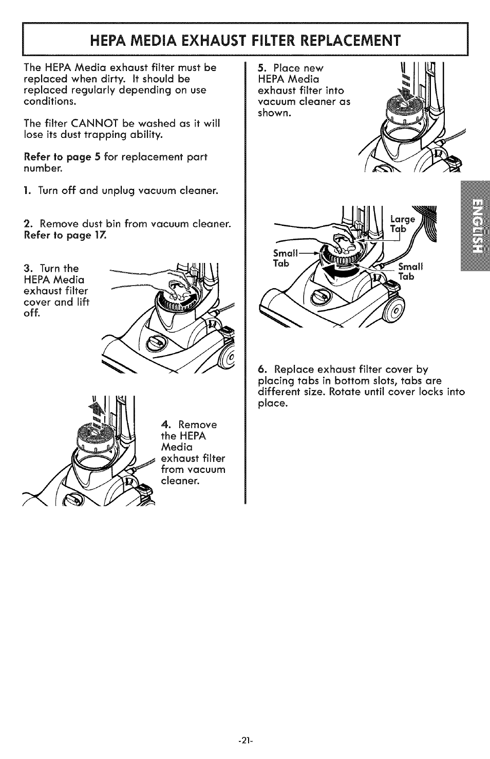 Hepa media exhaust filter replacement | Kenmore ASPIRADORA 116.31591 User Manual | Page 21 / 51