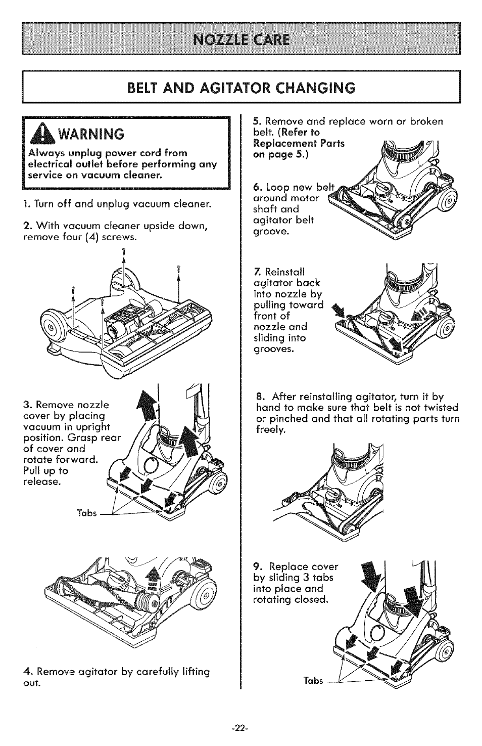 Nozzle care, Belt and agitator changing, Nozzle care belt and agitator changing a warning | Kenmore ASPIRADORA 116.31591 User Manual | Page 22 / 51