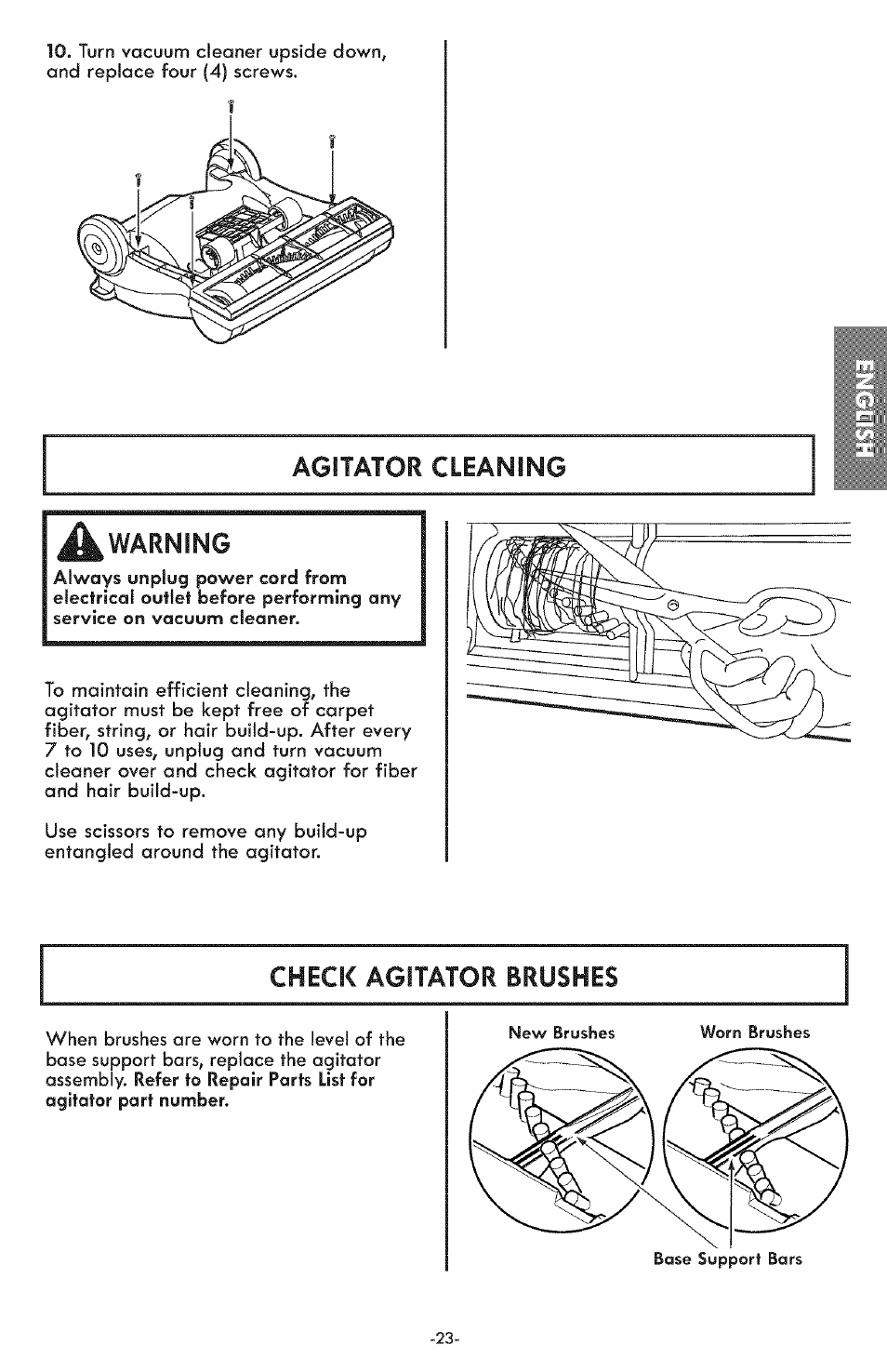 Agitator cleaning, Warning, Check agitator brushes | Kenmore ASPIRADORA 116.31591 User Manual | Page 23 / 51