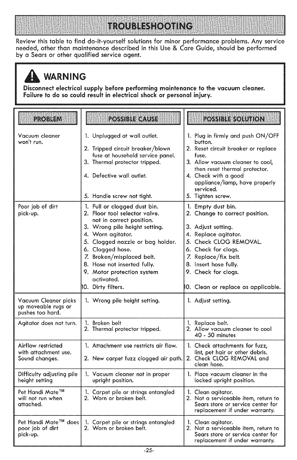 Troubleshooting, A warning | Kenmore ASPIRADORA 116.31591 User Manual | Page 25 / 51