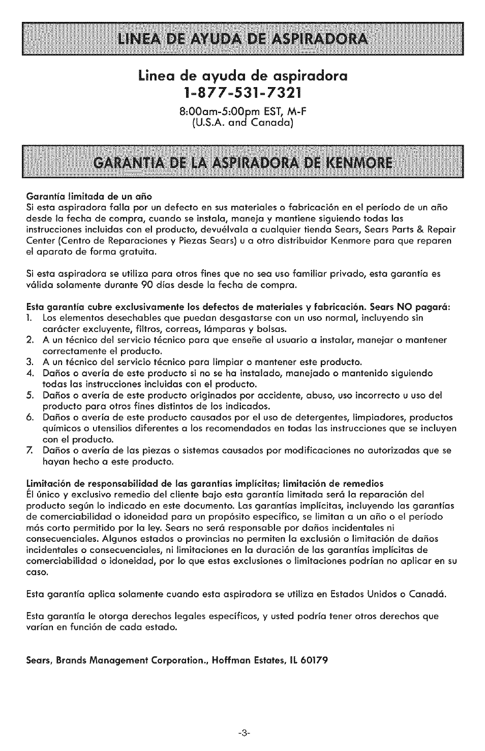 Garantia de la aspiradora de kenmore, Lìnea de ayuda de aspiradora | Kenmore ASPIRADORA 116.31591 User Manual | Page 27 / 51