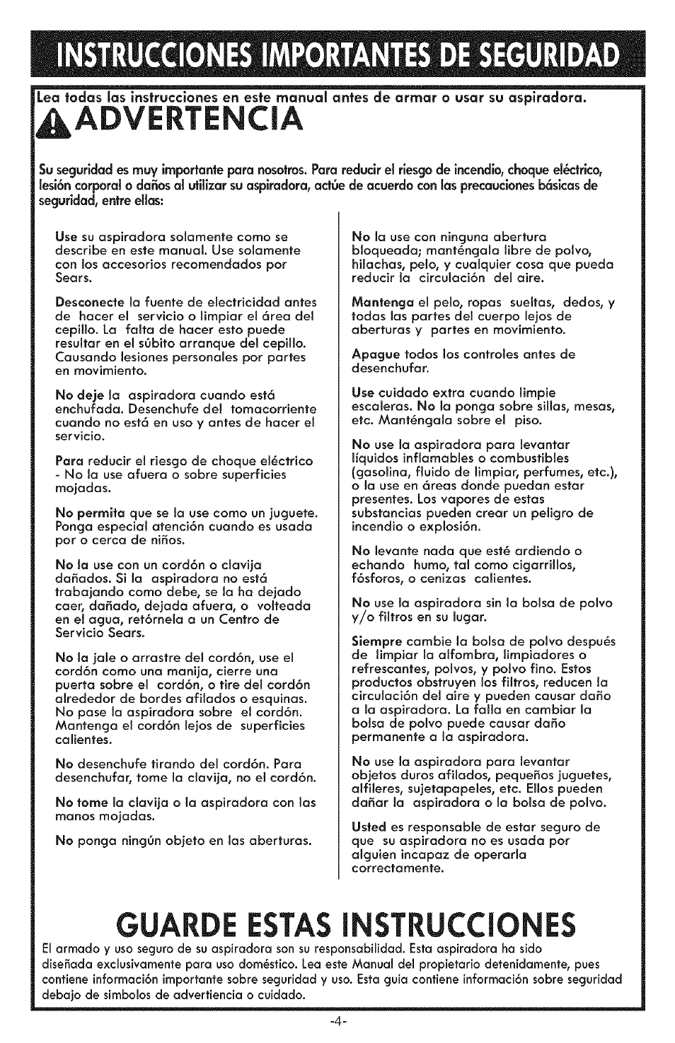 Advertencia, Guarde estas instrucciones, Instrucciones importantes de seguridad | Kenmore ASPIRADORA 116.31591 User Manual | Page 28 / 51