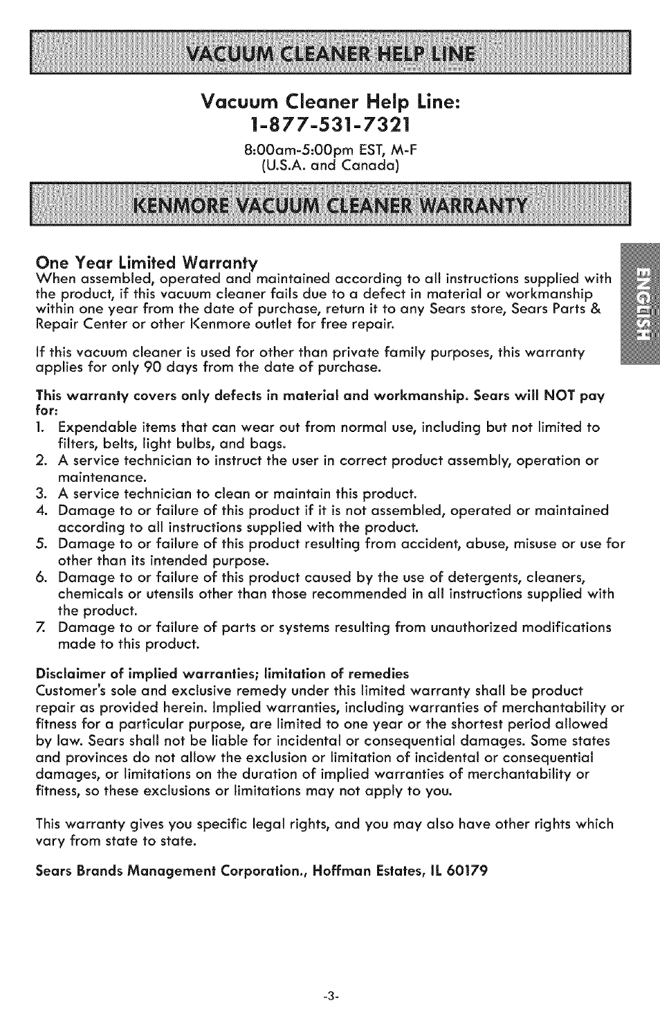 Vacuum cleaner help line, Kenmore vacuum cleaner warranty, Vacuum cleaner help line vacuum cleaner help line | Kenmore ASPIRADORA 116.31591 User Manual | Page 3 / 51