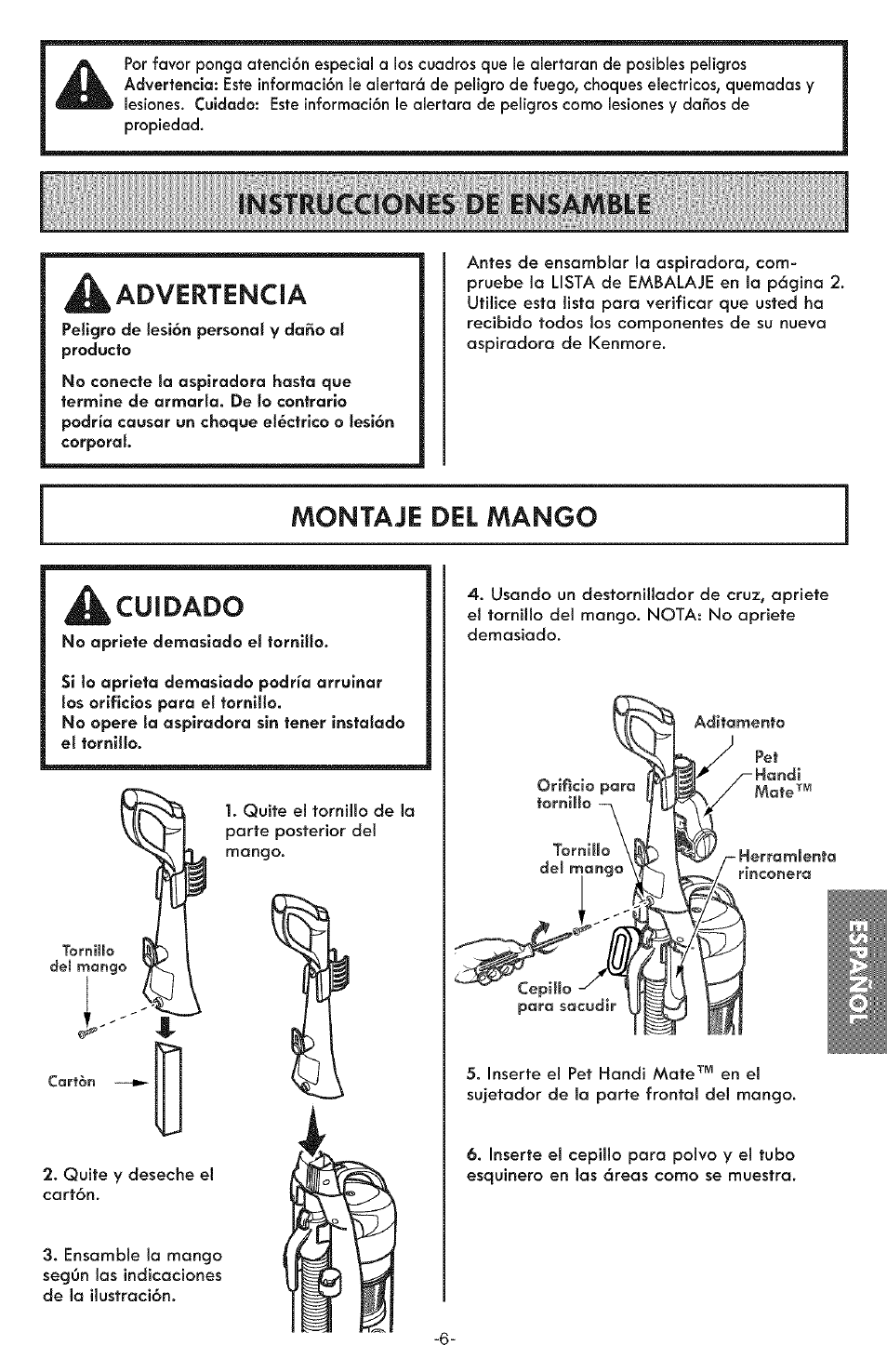 Instrucciones de ensamble .advertencia, Montaje del mango, Cuidado | Kenmore ASPIRADORA 116.31591 User Manual | Page 30 / 51