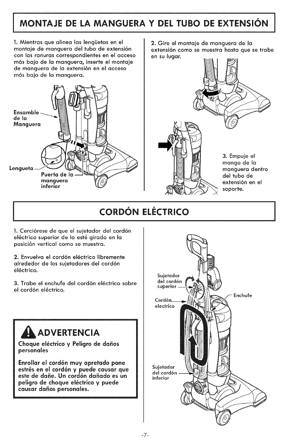 Montaje de la manguera y del tubo de extension, Cordón electrico, Advertencia | Kenmore ASPIRADORA 116.31591 User Manual | Page 31 / 51