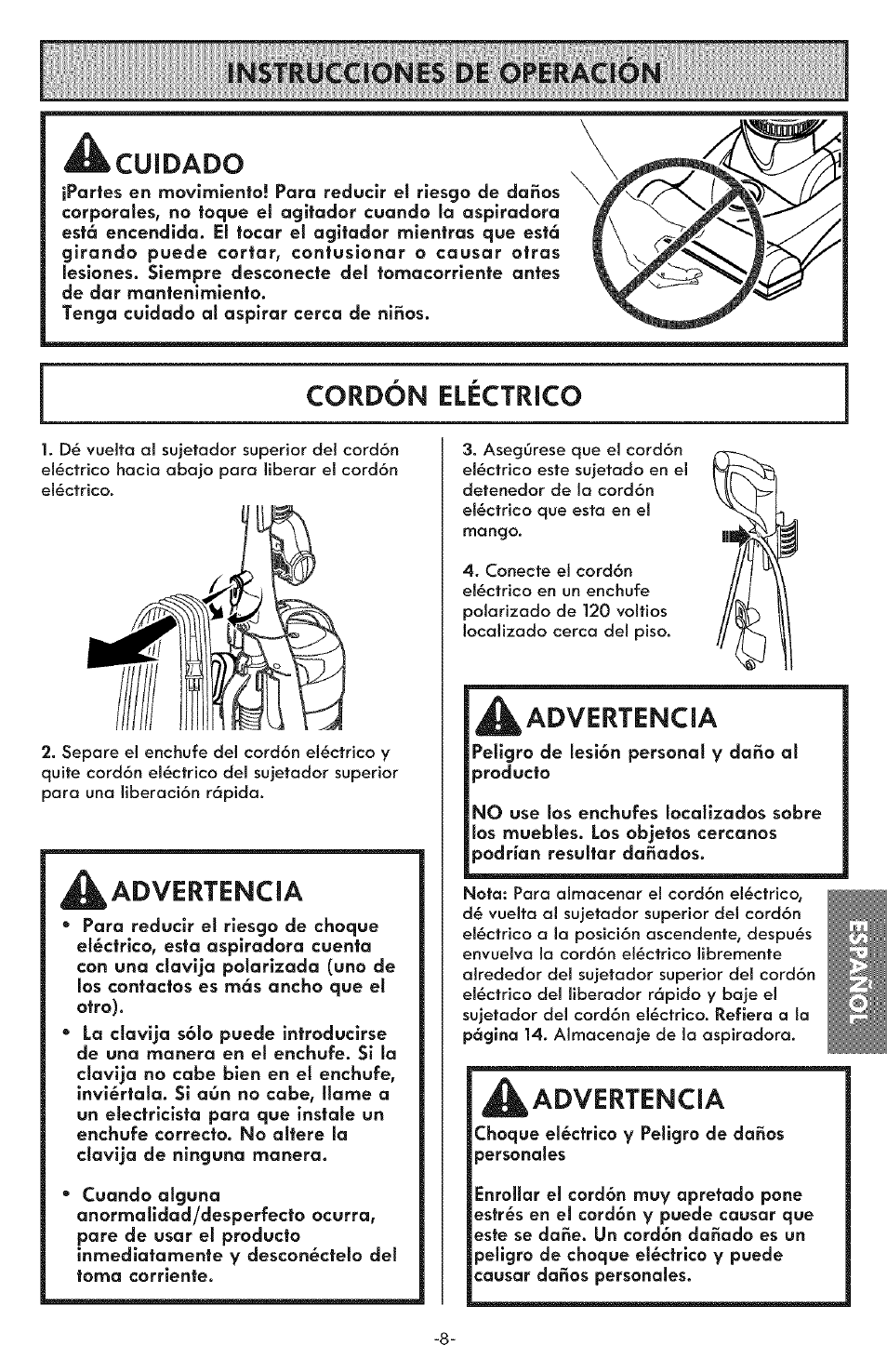 Instrucciones de operacion, Instrucciones de manejo, Cuidado | Cordón eléctrico, Ik advertencia, Advertencia, A advertencia | Kenmore ASPIRADORA 116.31591 User Manual | Page 32 / 51