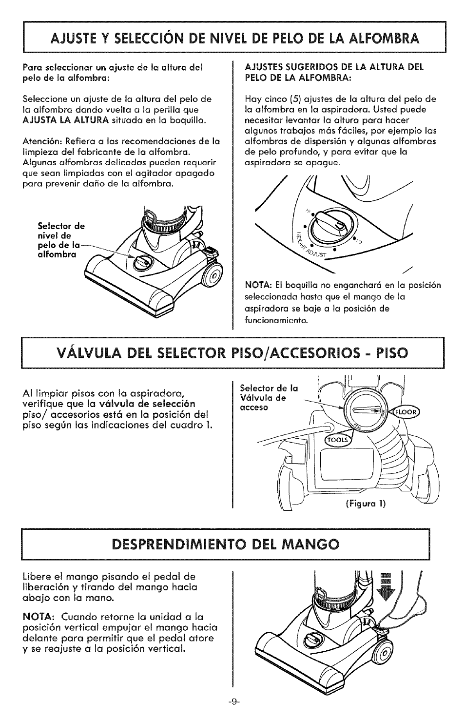 Ajuste y selección de nivel de pelo de la alfombra, Válvula del selector piso/accesorios - piso, Desprendimiento del mango | Kenmore ASPIRADORA 116.31591 User Manual | Page 33 / 51