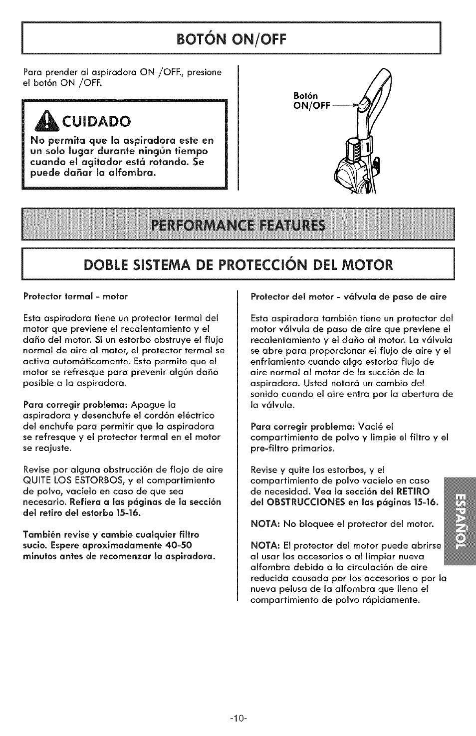 Performance features, Cuidado, Features doble sistema de protección del motor | Performance | Kenmore ASPIRADORA 116.31591 User Manual | Page 34 / 51