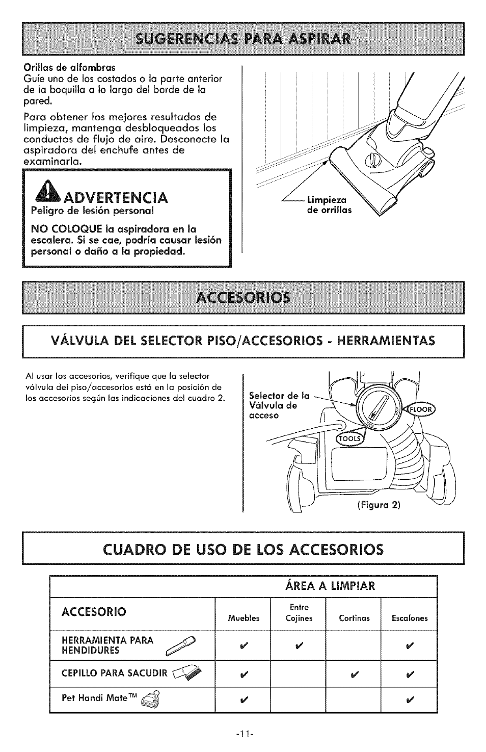 Sugerencias para aspirar, Advertencia, Accesorios | Cuadro de uso de los accesorios | Kenmore ASPIRADORA 116.31591 User Manual | Page 35 / 51