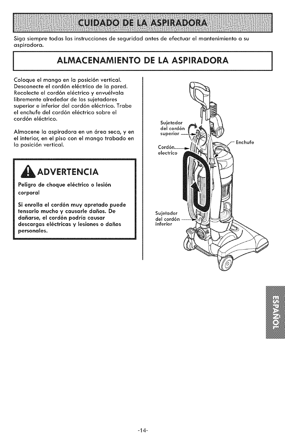 Cuidado de la aspiradora, Almacenamiento de la aspiradora, A advertencia | Kenmore ASPIRADORA 116.31591 User Manual | Page 38 / 51