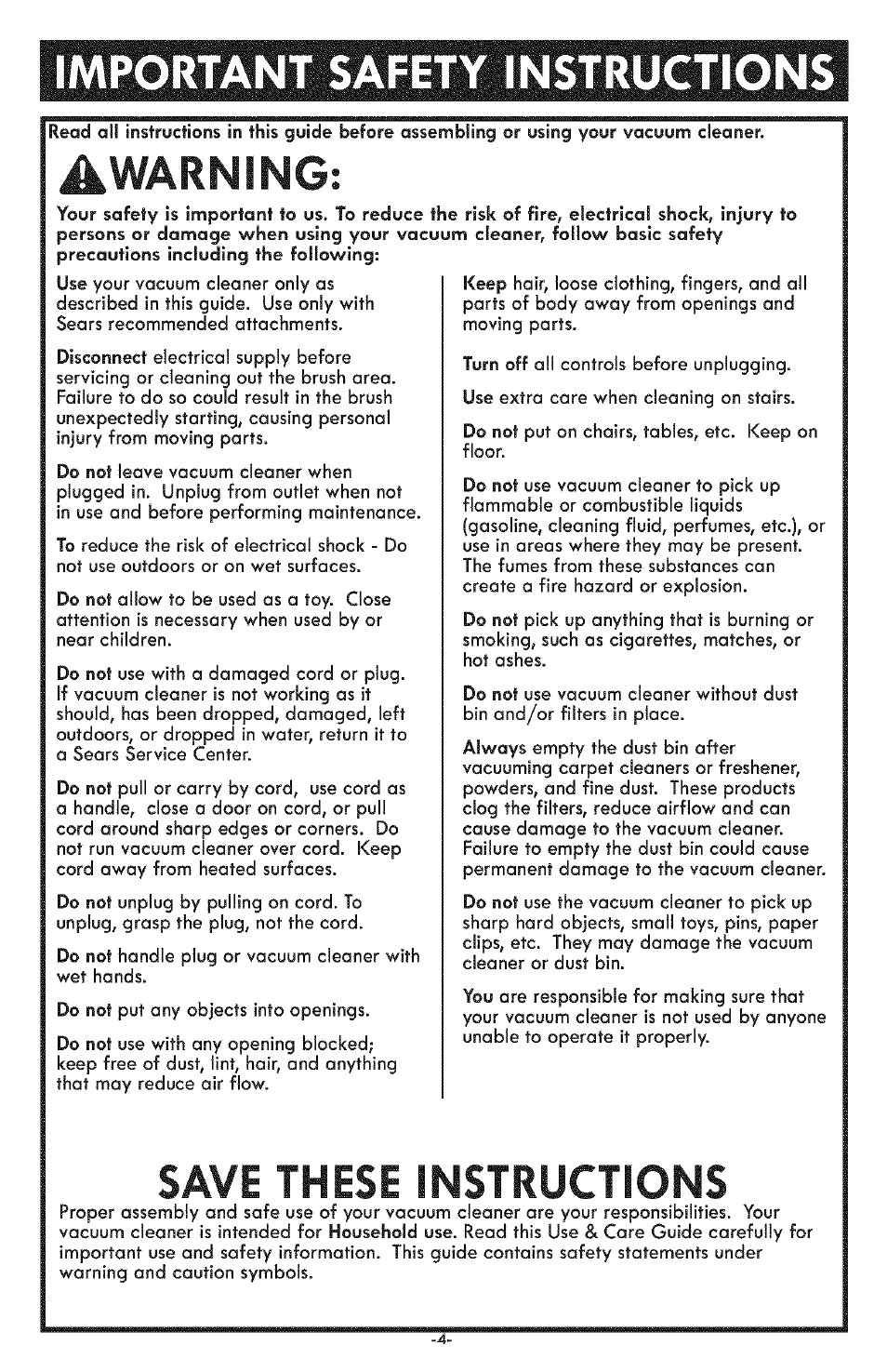 Important safety instructions, Awarning, Save these instructions | Kenmore ASPIRADORA 116.31591 User Manual | Page 4 / 51