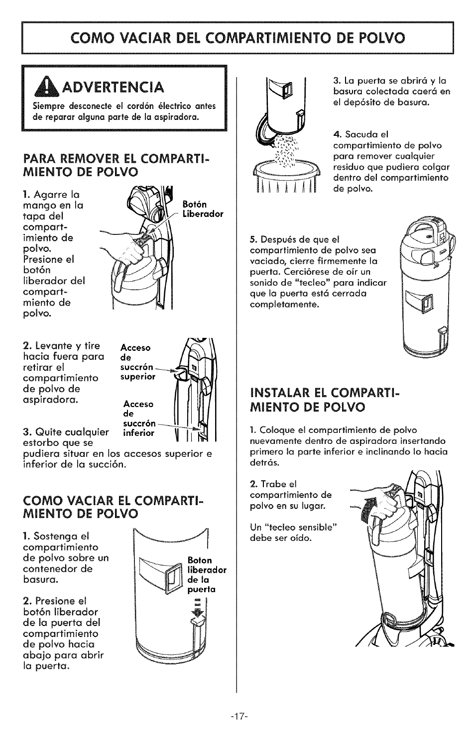 Como vaciar del compartimiento de polvo, A advertencia, Aij i | Para remover el comparti­ miento de polvo, Como vaciar el comparti­ miento de polvo, Instalar el comparti­ miento de polvo | Kenmore ASPIRADORA 116.31591 User Manual | Page 41 / 51